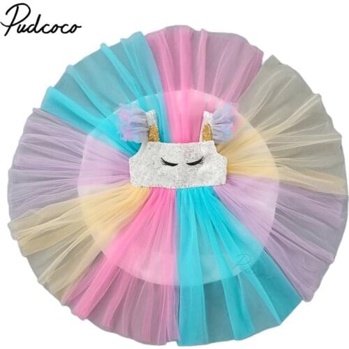 Toddler Sequin Colorful Unicorn Dresses Color Block Tulle Dress Summer Baby Girl Cartoon Fly Sleeve Square Collar One-piece 2-7Y