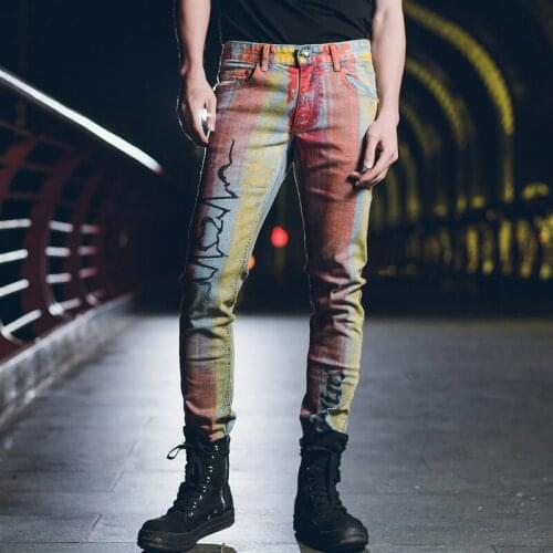 Fashion Personality Mens Painting Jeans Spring Autumn Slim Long Trousers Men Boys Smart Trousers Man Jeans Plus Size 40