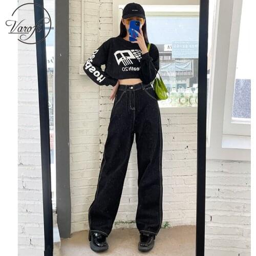 Varofi High-waisted, loose, wide-legged, floor-dragging jeans woman jeans y2k jeans black pants y2k baggy wide leg jeans