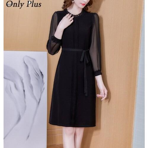 Only Plus French Black Chiffon Slim O-neck Dress 2021 New Female Temperament Spring And Autumn Elegant Office Lady Mid-length