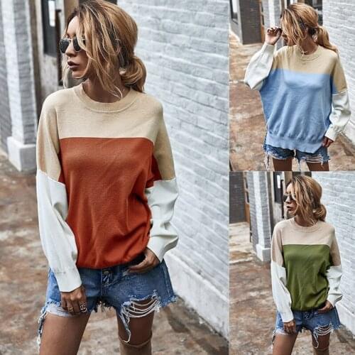 Hot kf-Autumn Women Sweaters O-Neck Casual Loose Knit Tops Long Sleeve Patchwork Sweater Oversize Pullover