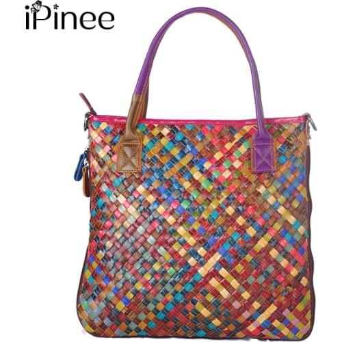IPinee Women Cow Leather Shoulder Tote Handbag Female Large High Quality Handmade Woven Ladies Shoulder Top-handle Bag