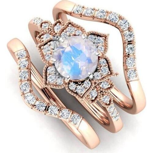 3 Pcs/set Luxury Opal Flower Zircon Finger Ring for Women Wedding Engagement Love Token Gift Wife Girlfriend Anniversary Ring