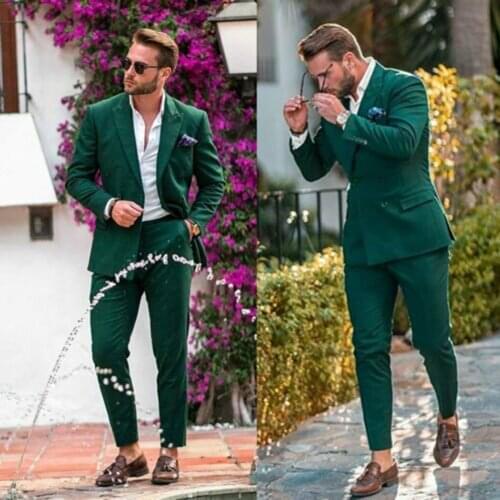 Mens Green Suits Double-breasted Groom Wedding Wear Tuxedos Peak Lapel Formal Prom Suits Set 2 Pieces (Blazer+Pants)