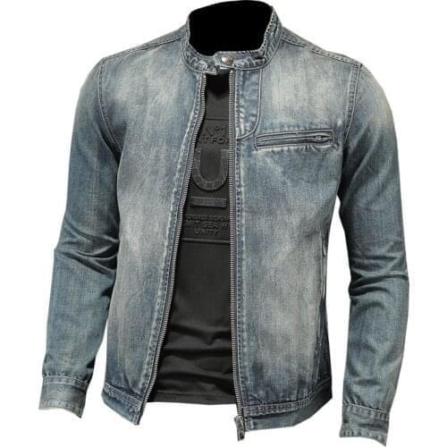 Fashion Mens Vintage Biker Denim Jacket SLim Fit Retro Motorcycle Racing Jeans Coat Outerwear Tops Plus Size M-4XL Stand Collar