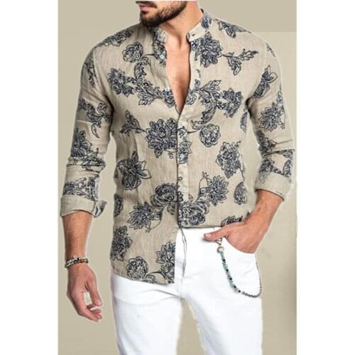 Spring And Summer Clothes Cotton Linen Shirt Men Long Sleeves Print Hawaiian Beach Casual Single-Breasted Stand Collar Shirt