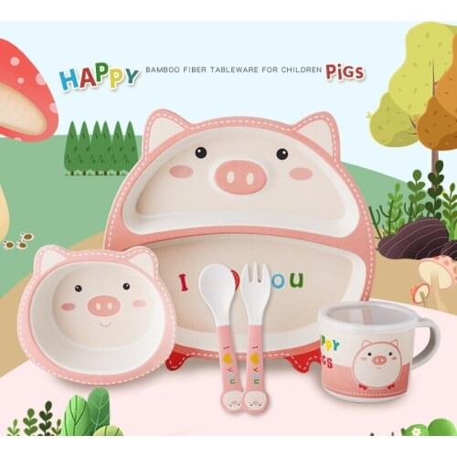 New bamboo fiber childrens tableware set combination bowl plate set cartoon lovely separate plate water cup fork spoon 5PCS