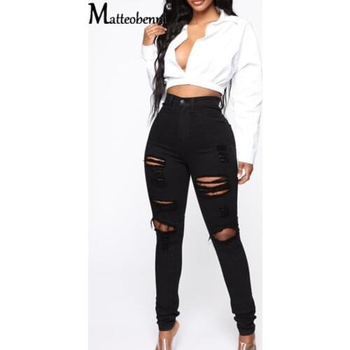 New Black Pencil Jeans High Waist Push Up Skinny Ripped Jeans Denim Sexy Holes Destroyed Knee Pant Ladies Jeans Femme Trousers