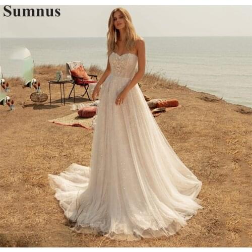 Sumnus Bohemian Wedding Dresses Sweetheart A Line Lace Appliques Sequined Glitter Tulle Bridal Gowns Beach Wedding Dress