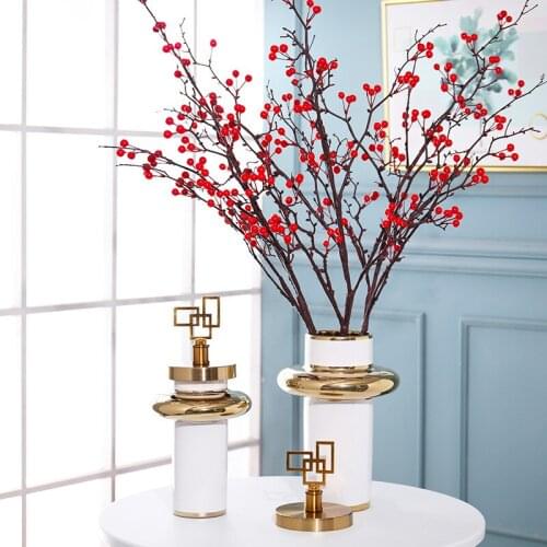 Creative Nordic Geometric Vase White Ceramic Vase and Copper lid For Home Decor Simple Insert Craft