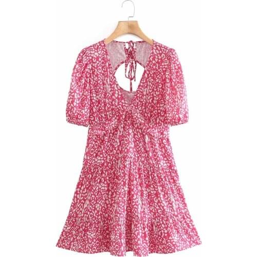 Y6028-Korean womens wholesale 2021 summer new V-neck print lace lace-up dress womens DLQZ1161