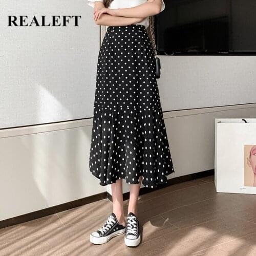 REALEFT 2021 New Elastic High Waist Womens Skirt Elegant Chiffon Dots Printed Office Ladies Casual Midi Vintage Skirts Female