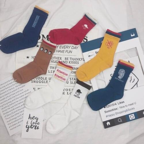Women Cartoon Solid Skateboard Harajuku Socks Special Hipster Head & Letter Patterned Female Funny Crew Hipster Casual Art Sox