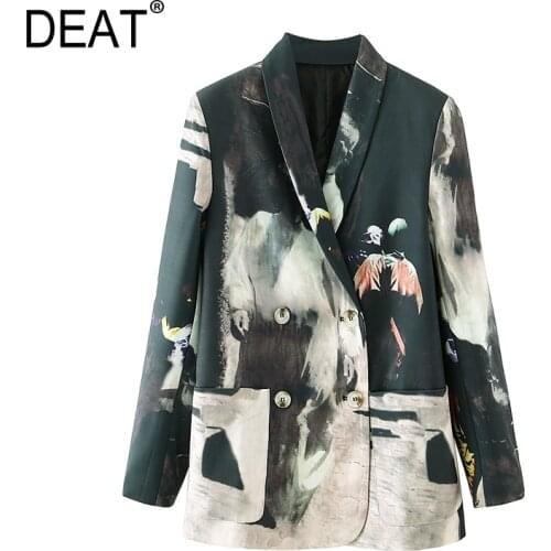 [DEAT] 2021 Spring Autumn New Fashion Tide V-neck Double Breasted Printing Long Sleeve Temperament Womens Blazer Coat 13W277