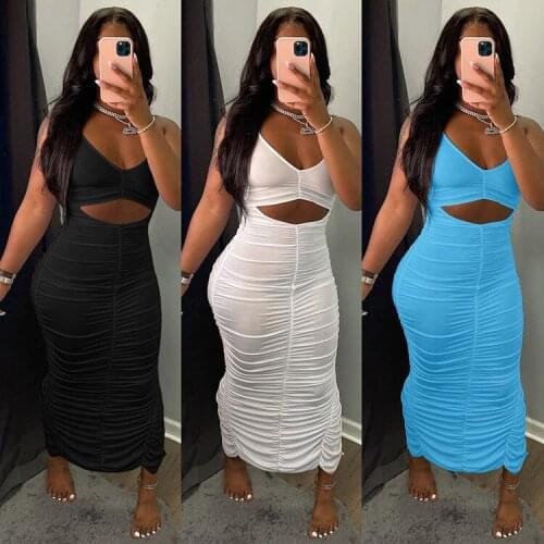 2021 Solid Color Hollow-Out Tied Halter Neck Backless Ruffled Long Skirt with Slit Women Summer Dress for Ladies, 3 Colors