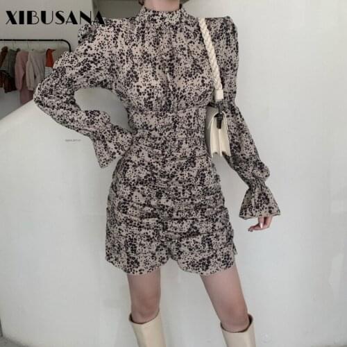 Retro Hepburn Printed Ruffle Women Chiffon Dresses 2021 Spring Flare Sleeve O-Neck Pleated Sexy Short Mini Dress Mujer Vestidos