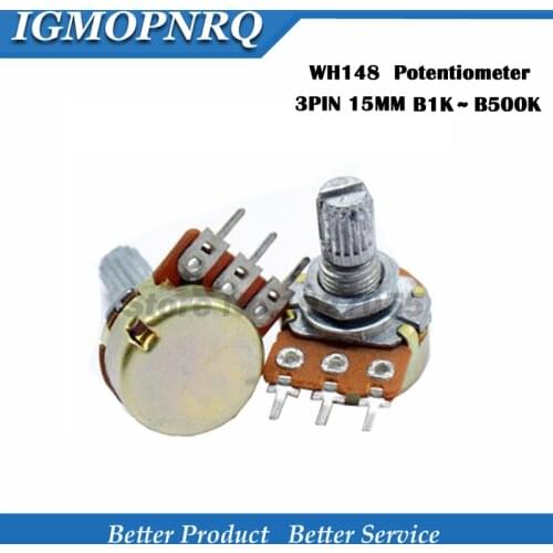 100pcs WH148 B1K B2K B5K B10K B20K B50K B100K B500K 3Pin 15mm Shaft Amplifier Dual Stereo Potentiometer 1K 2K 5K 10K 50K 100K