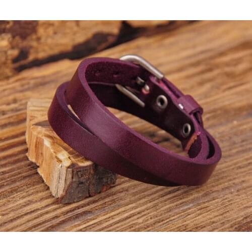 G557 Purple Biker Rock Classic Double Wrap Leather Cowhide Buckle Bracelet Cuff New