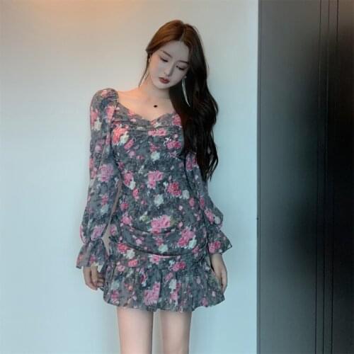 Elegant Dresses Women Vintage Autumn Style Print Chiffon Flare Sleeve Square Collar Ruffles Mini Dress Fashion 2021 New Ladies