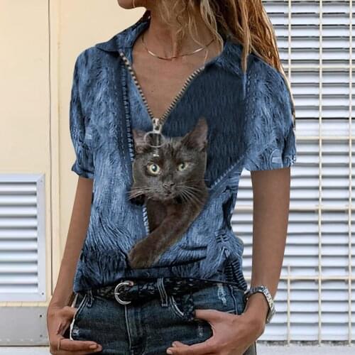 40# Harajuku T Shirt Women Streetwear Top Tee Cat Print Sexy V Neck Short Sleeve Female T-shirt Summer Casual Tshirt Zipper