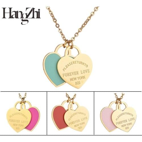 HANGZHI 2021 New Japan and South Korea Simple Stainless Steel Double Heart Love Necklace Womens Girl Fashion Jewelry
