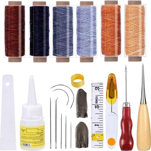 KAOBUY 22Pcs Leather Craft Starter Kit And Supplies Leather Thread, Upholstery Sewing Needles, Liquid Glue, Instructions