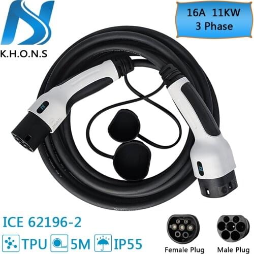 KHONS EV Charging Cable 16A 11KW 3Phase 5M Portable Charger for EVSE Car Charger Station Type2 Female To Male Plug ICE 62196