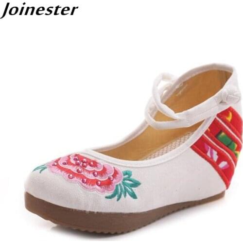Summer Women Canvas Embroidery Mary Jane Pumps Ethnic Vintage Dress Wedges Shoes Ladies Ankle Strap Espadrilles Dancing Shoe