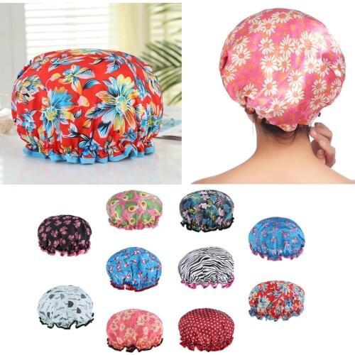 Reusable Waterproof EVA Plastic Lace Elastic Band Flower Printed Hat Bath Caps Hair Protection Adult Bath Accessories