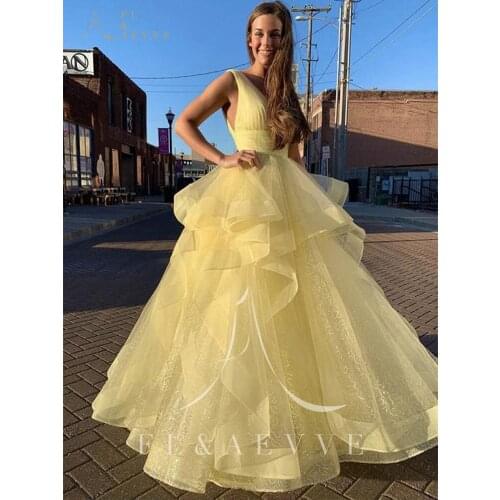 Fashion Yellow Tulle Deep V-Neck Evening Dresses Sleeveless A-Line Special Occasion Prom Gowns Plus Size Formal Dresses