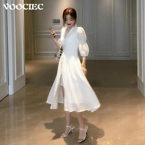 VOOCIEC Autumn Elegant Dress Women White Party Split Fairy Dress Office Lady Puff Sleeve Designer Korean Sexy V-neck Slim Dress