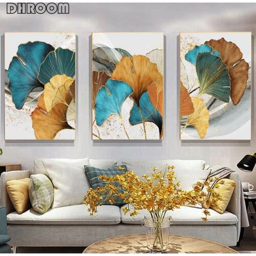 Blue Green Yellow Gold Plant Leaf Poster Nordic Abstract Canvas Print Wall Art Painting Picture Living Room Modern Decoration