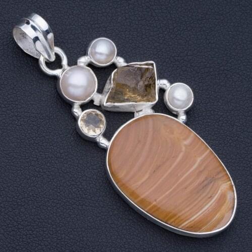 Natural Picture Jasper,Citrine Rough,Citrine and River Pearl 925 Sterling Silver Pendant 2 1/4" P0725