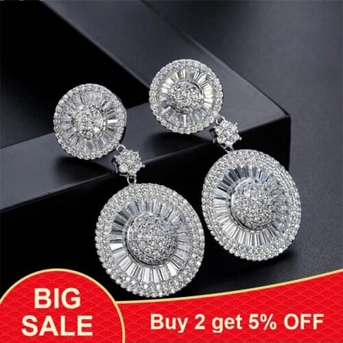 Luxury Geometric Round Shape Mirco Pave AAA Cubic Zircon Women Engagement Silver Earring Studs