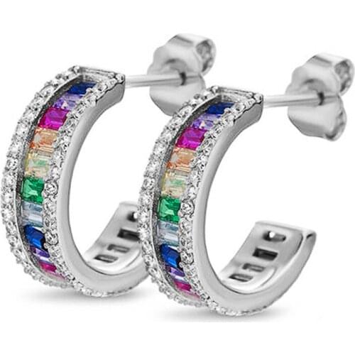 Luxury Female Rainbow Zircon Stone Earrings Dainty Silver Color Wedding Earrings Classic Round Small Stud Earrings For Women