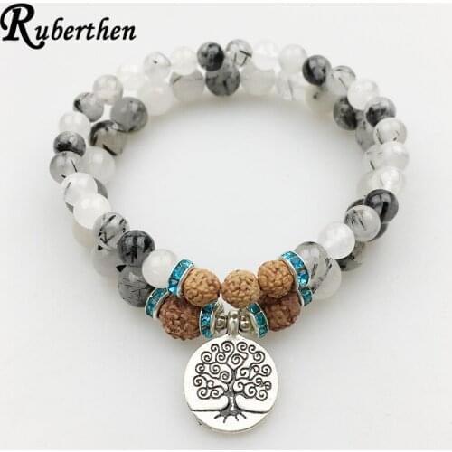 Ruberthen Fashion Design Yoga Bracelet Set Black Rutilated Quartz Rudraksha Bracelet Tree of Life Jewelry