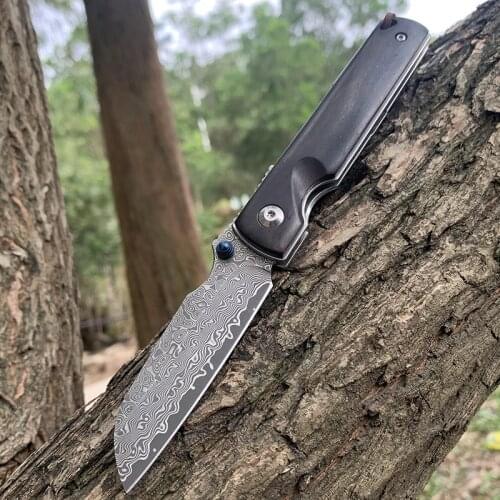 Damascus Pattern Folding knife Wood Handle Copper Washer Outdoor Pocket EDC knife Collection knife Multi Tool+ leather cover