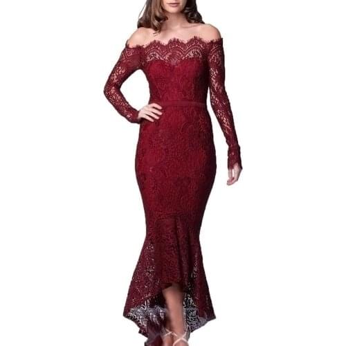 Sexy Women Dresses Fashion Long Sleeve Off Shoulder Lace Fish tail Cocktail Wedding Bodycon Dress Wedding party платье 2021