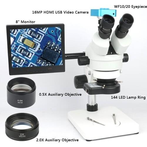 Simul Focal 3.5~90X Trinocular Stereo Microscope 36MP HDMI Microscope Camera +144 LED Lamp + 8"Monitor 0.5X 2X Barlow Lens