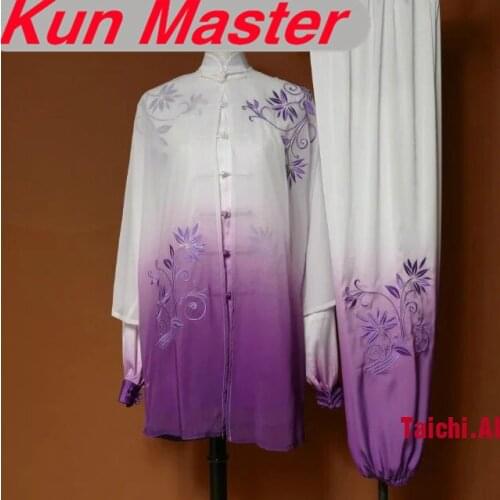 Custom Tai Chi Performance Uniform White Violet Gradual Change Color Embroidery Martial Art Clothing For Kung Fu Three Pieces