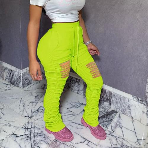 Women Stacked Pants Neon Green Sexy Hollow Plus Size 3XL Ruched Sweatpants Elastic Waist Drawstring Jogger Trousers Streetwear