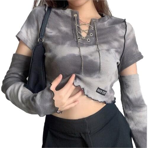 Women Spring Autumn Knitted Tops Fashion Rib Knit Crop Tops Tie Dye Print Long Sleeve Lace Up V Neck T-Shirts