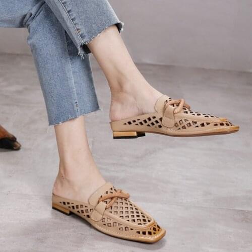 YourSeason Summer Ladies Genuine Leather Slippers 2021 Outside Slides Flat With Female Leisure Hollow Vintage Shoes
