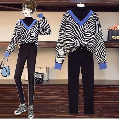 Plus Size Leopard Two piece set Women Autumn Winter New Warm Sweater and Denim Pants Suits Female knitted two pieces set women