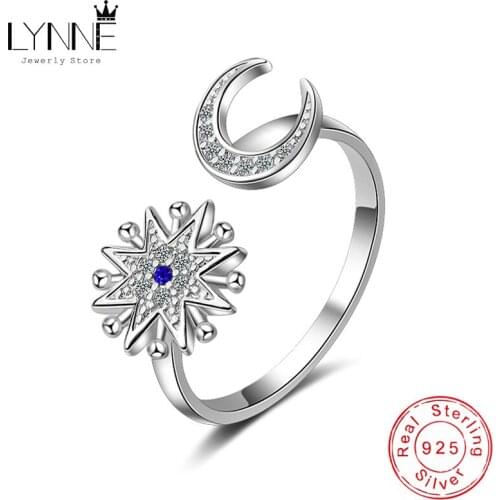 New Delicate Star&Moon Zircon Asymmetry Resizable Rings 925 Sterling Silver Creative Rhinestone Ring Women Fashion Jewelry Gift