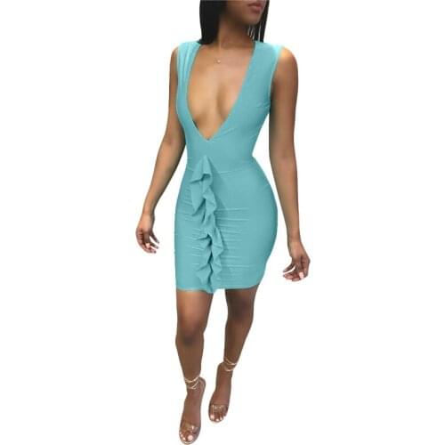 S-XL Womens Sexy V Neck Bodycon Sleeveless Ruffle Dress Size Midi Club Dresses