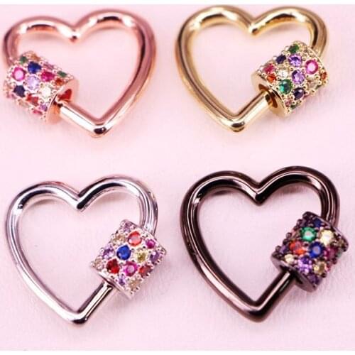 10PCS, Heart Shape Screw Clasp or Pendant Colorful CZ Micro Pave Gold, Rhodium, Rose Gold, Gun Metal Necklace DIY