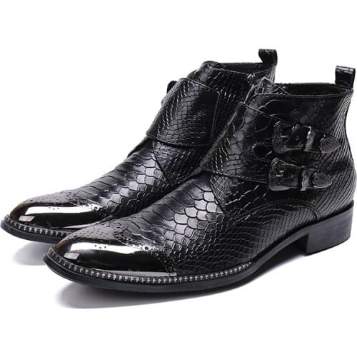 Genuine Leather Low heel zip Double buckle ankle boots fashion Crocodile patten oxford pointed toe Martin boots big size 46