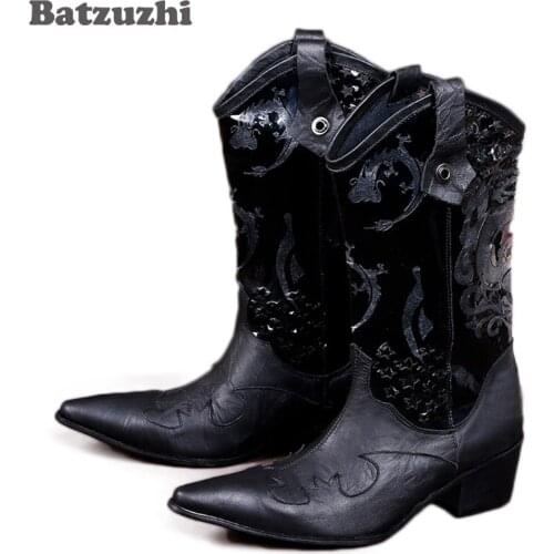 Batzuzhi Italian Style Cowhide Mens Leather Boots Fashion Black Mens Business Dress Fashion Men Motorcycle Boots. Big size 46