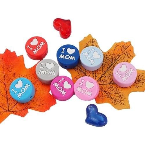 Chenkai 5PCS BPA Free Silicone Letter Teether Bead I LOVE MOM Teething Beads Baby Round Shaped Teether DIY Newborn Nursing Gift